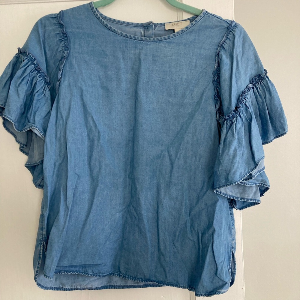 LOFT Light Blue Denim Ruffle Sleeve Top